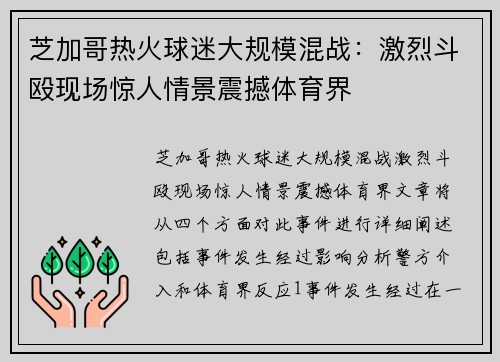 芝加哥热火球迷大规模混战：激烈斗殴现场惊人情景震撼体育界